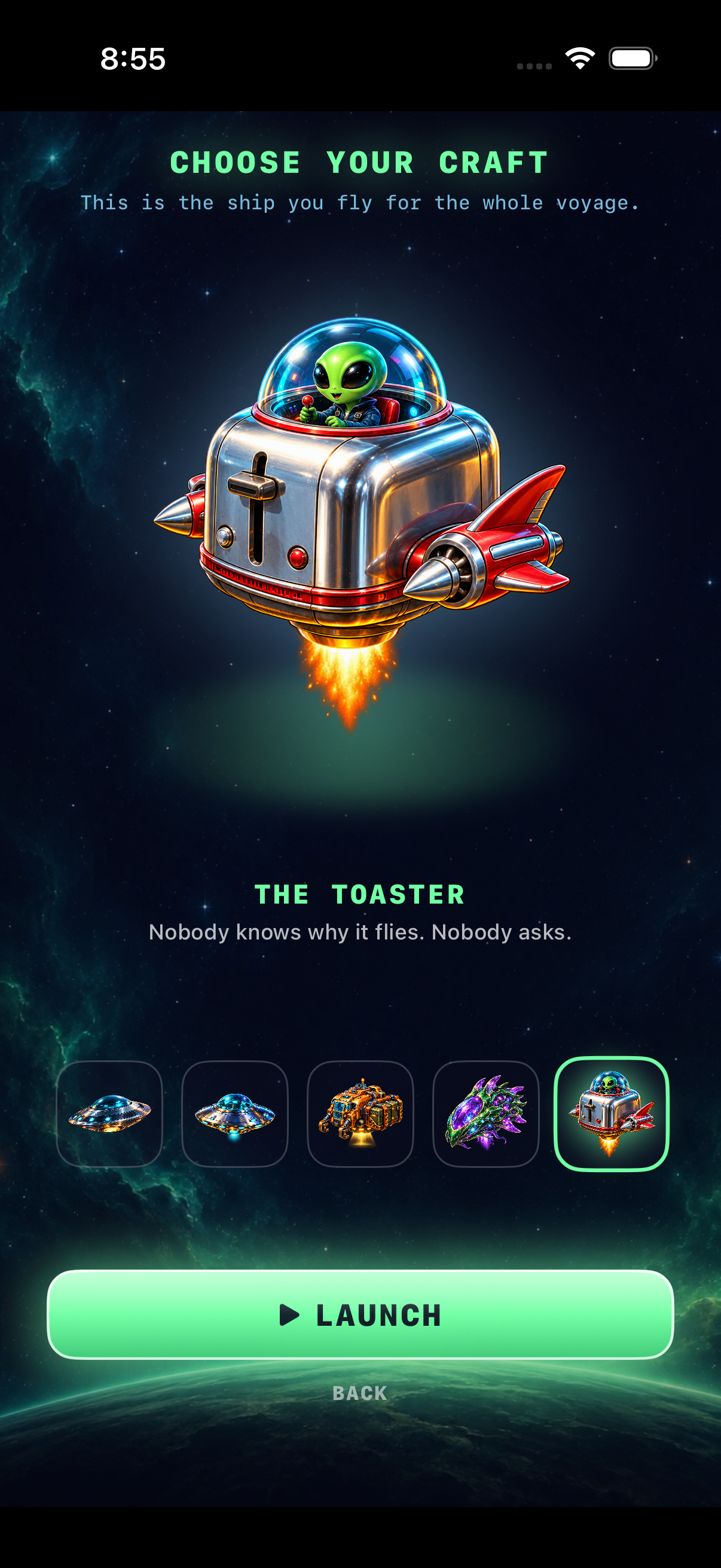 The Toaster craft with a green alien pilot, chrome body and red rocket fins in AlienOpoly’s craft chooser
