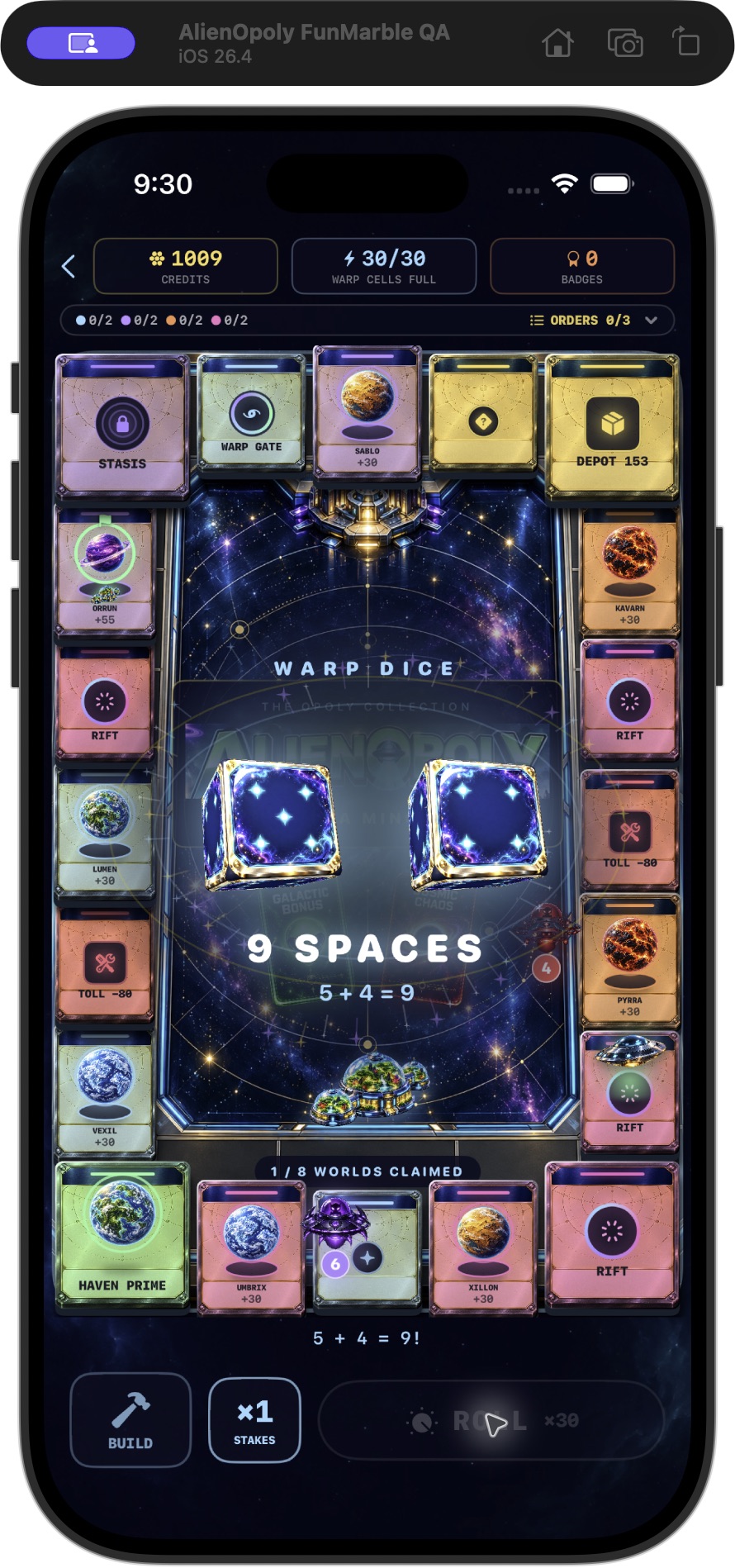 Two sapphire space dice showing five and four, with a total of nine spaces above the playable AlienOpoly board