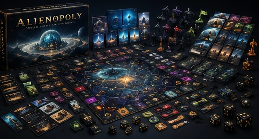 Everything in the box: the game board, six commander fleets, card decks, resource tokens, dice, flags and the rulebook