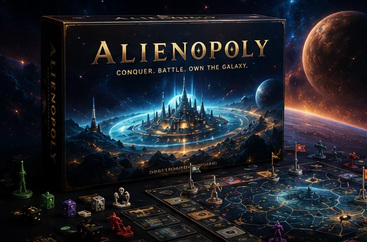 The Alienopoly box beside the assembled board, commander ships and flags